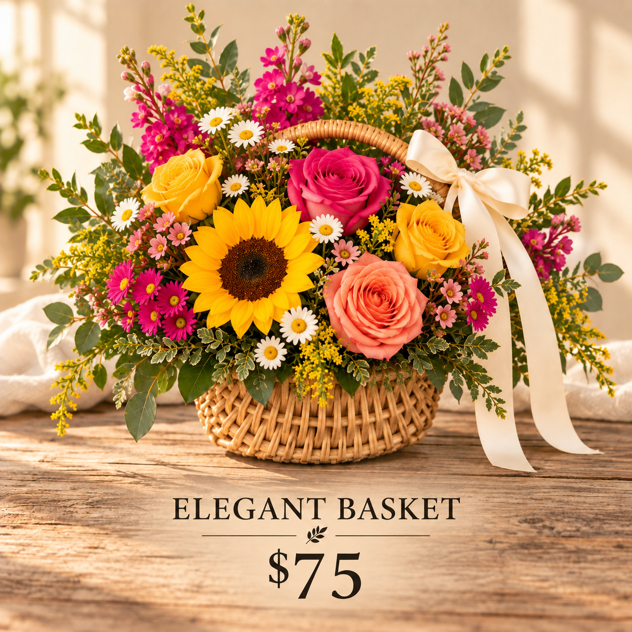 Elegant cheerful woven basket with sunflower and roses