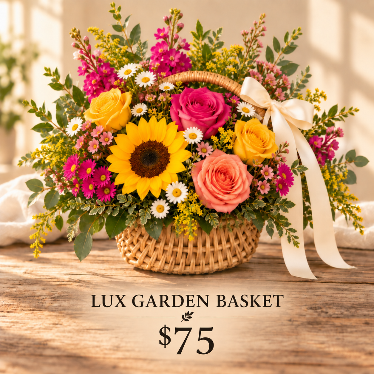 Full garden basket with sunflower and roses