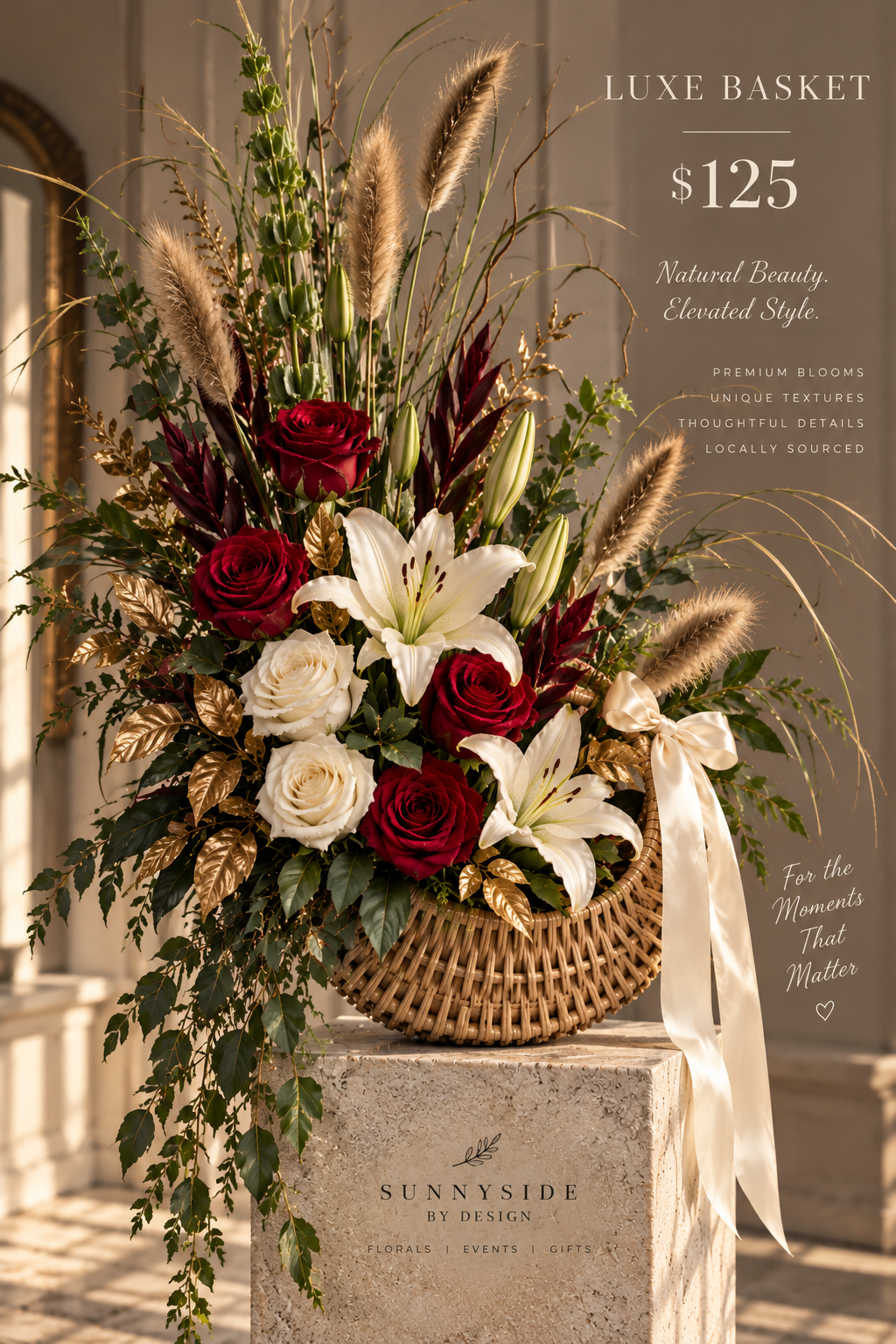 Tall natural luxe basket with red and ivory flowers and textured grasses