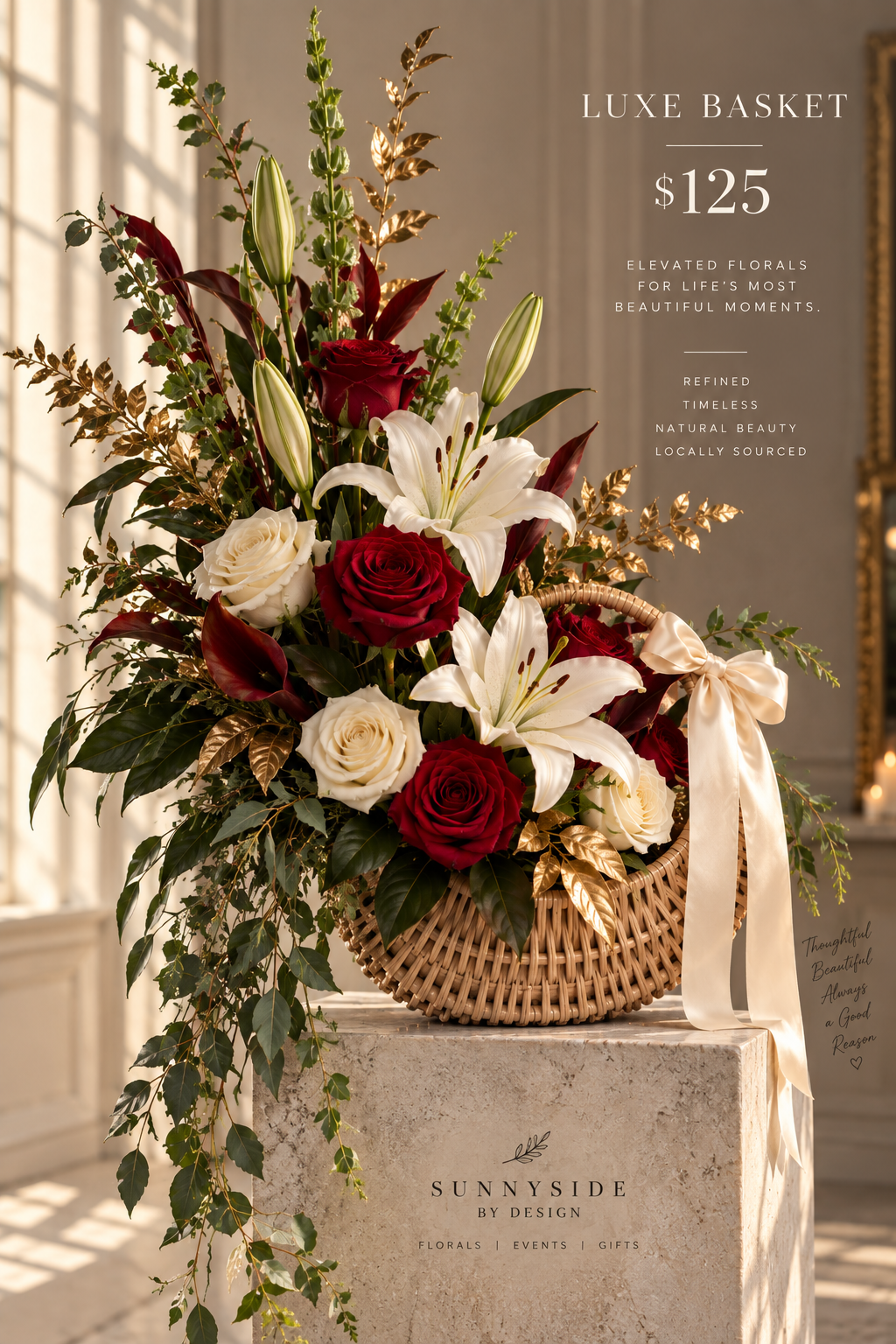 Tall timeless luxe basket with red and ivory roses and lilies