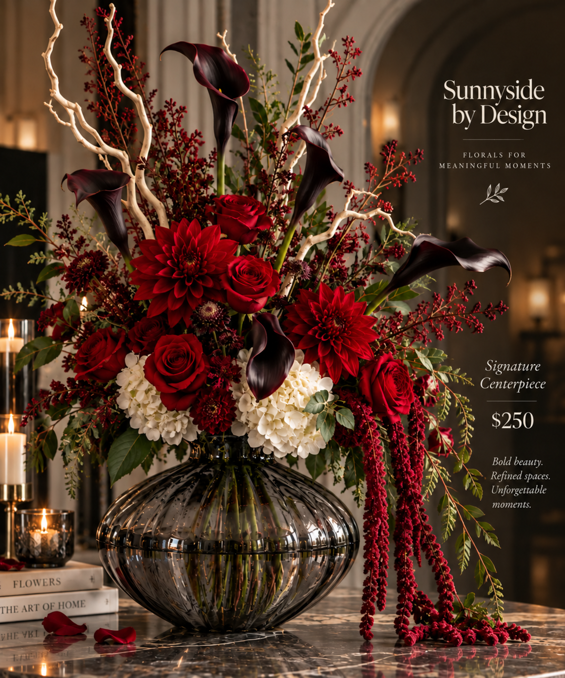 Large crimson dahlia, rose and black calla lily centerpiece in a smoked glass vase
