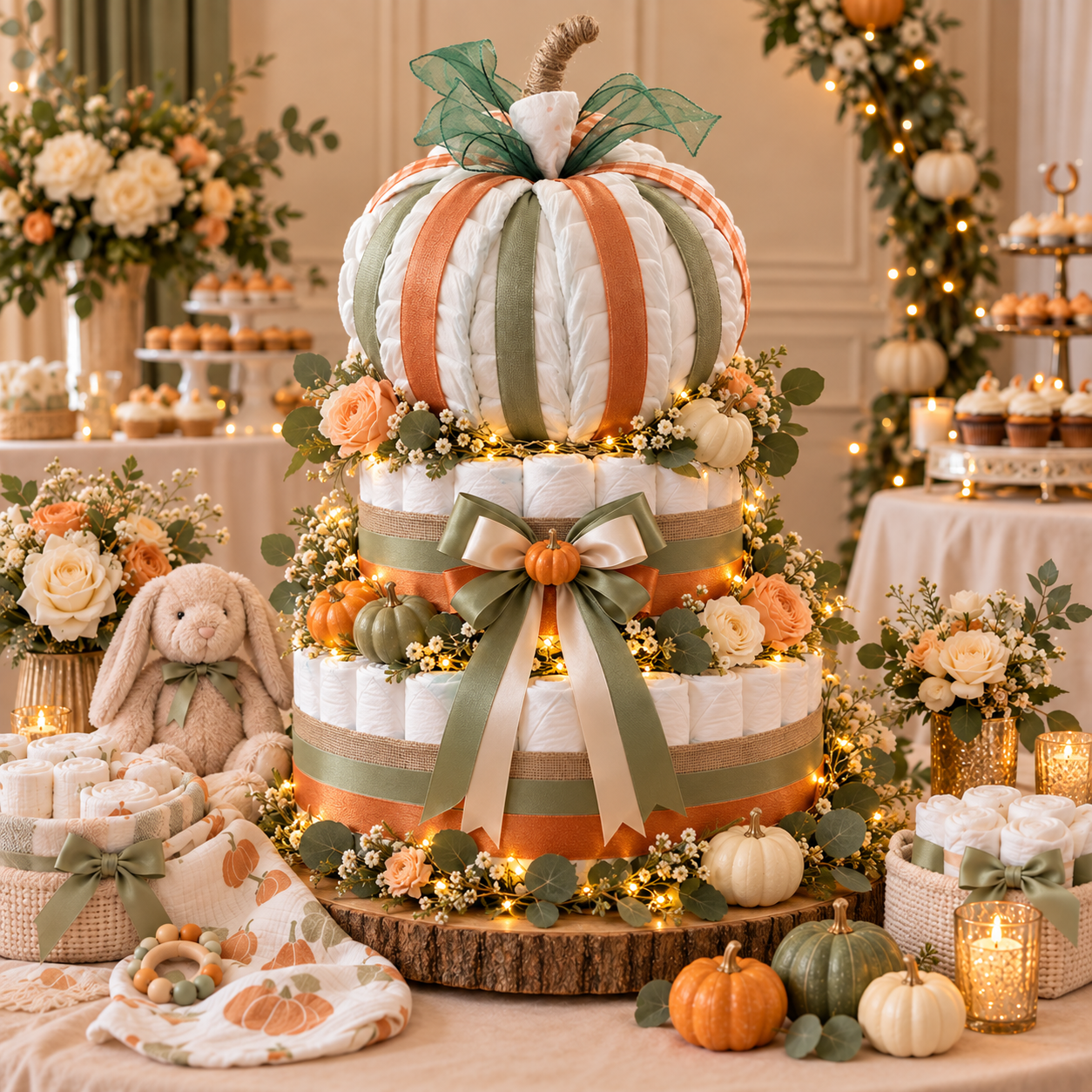 Deluxe diaper cake topped with a large pumpkin sculpture made from diapers