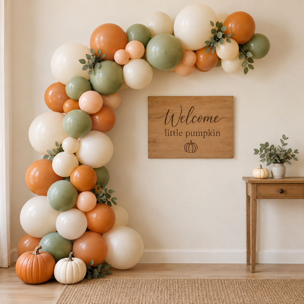 Small sage, ivory, peach and pumpkin balloon garland